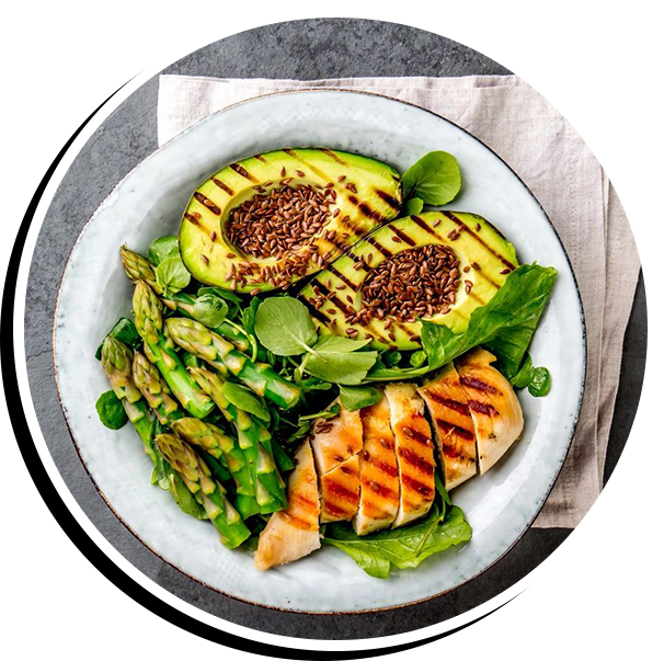 A plate of food with grilled chicken, asparagus and avocado.