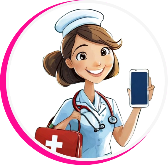 A nurse holding up a phone and a first aid kit.